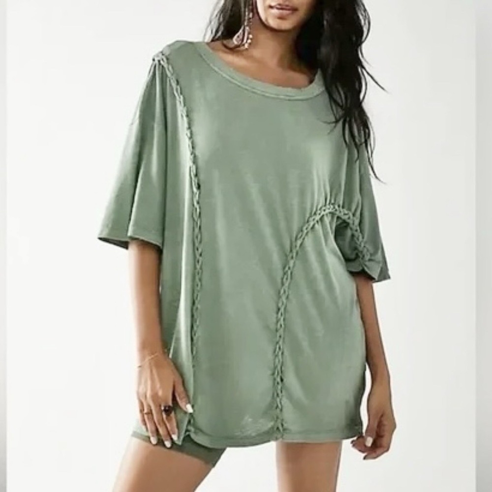 Free People We The Free Green Braided Short Sleeve Blouse Size Medium